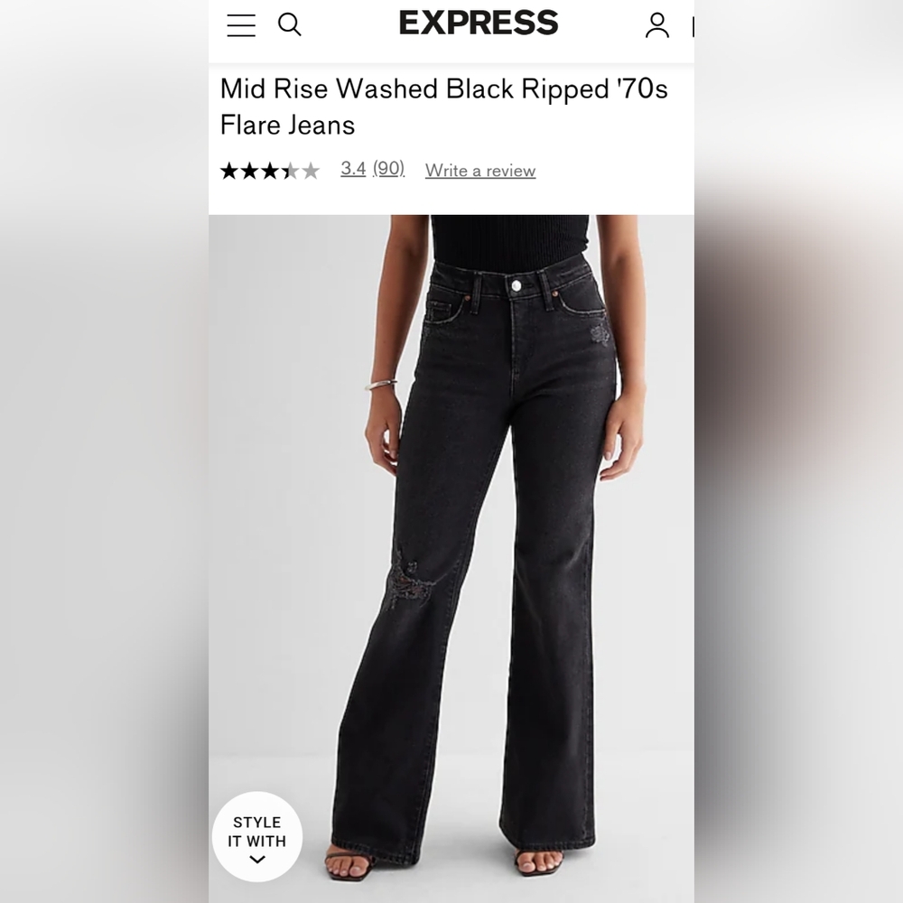 Express Mid Rise Washed Black Ripped '70s Flare Jeans - Picture 2 of 5